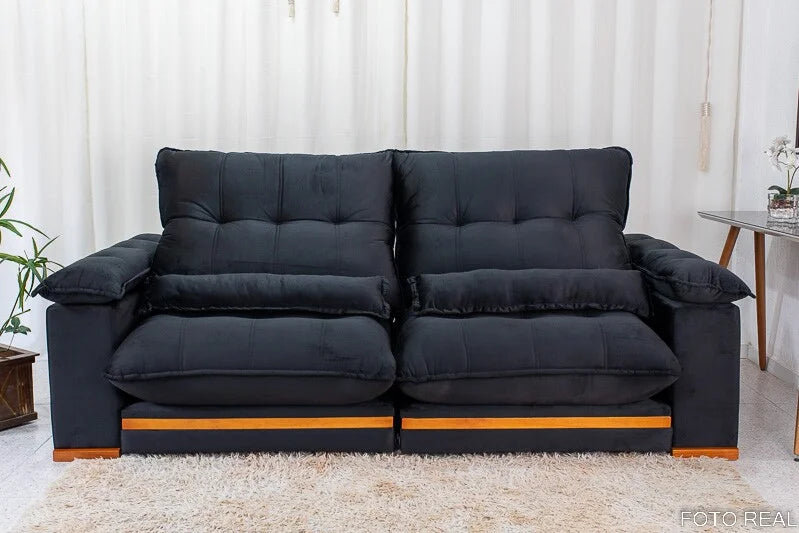 Sofá Retrátil Reclinável Ibis 2.30m Veludo Preto 820 – D33 e Molas Ensacadas