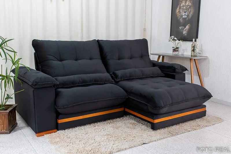 Sofá Retrátil Reclinável Ibis 2.30m Veludo Preto 820 – D33 e Molas Ensacadas