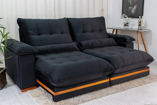 Sofá Retrátil Reclinável Ibis 2.50m Veludo Preto 820 – D33 e Molas Ensacadas