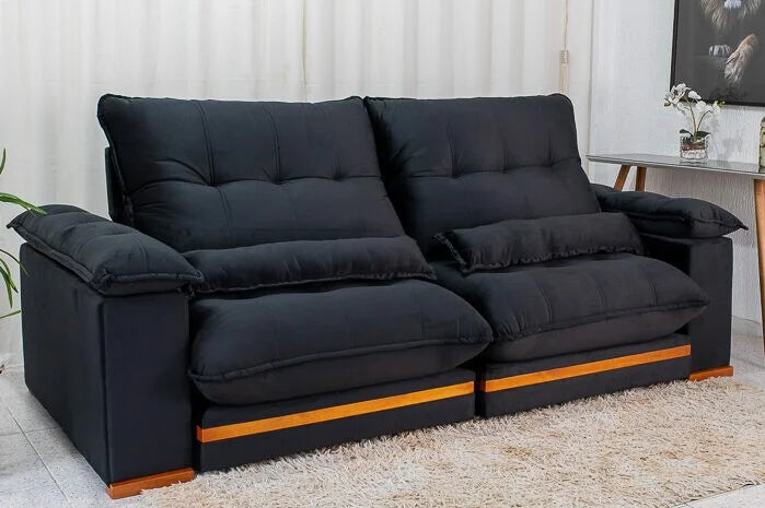 Sofá Retrátil Reclinável Ibis 2.50m Veludo Preto 820 – D33 e Molas Ensacadas
