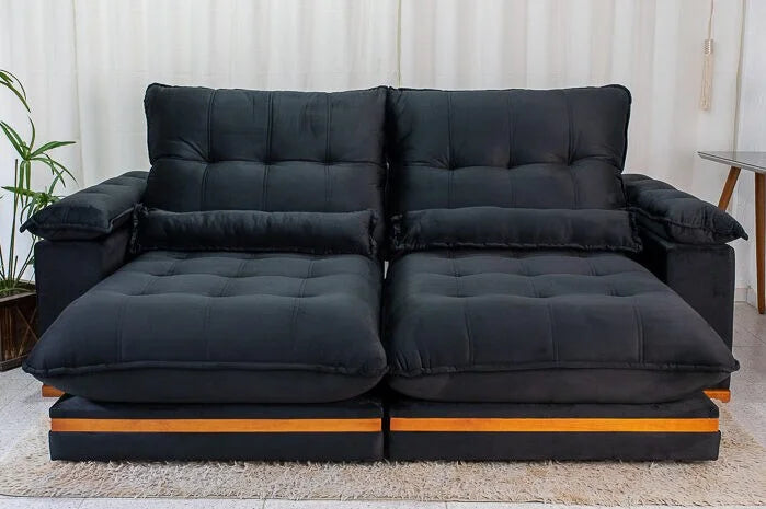 Sofá Retrátil Reclinável Ibis 2.50m Veludo Preto 820 – D33 e Molas Ensacadas