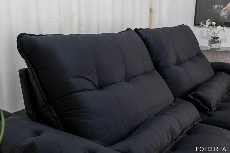 Sofá Retrátil Reclinável Ibis 2.50m Veludo Preto 820 – D33 e Molas Ensacadas