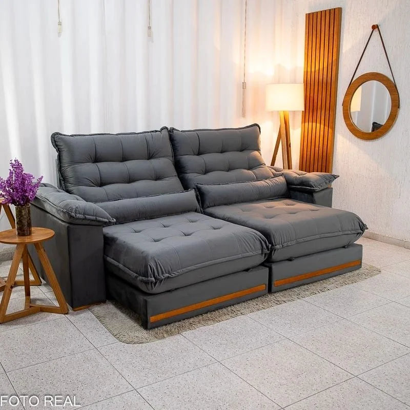 Sofá Retrátil Reclinável Istambul 2.50m Veludo Cinza 403 – Espuma D33