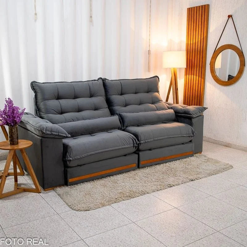 Sofá Retrátil Reclinável Istambul 2.50m Veludo Cinza 403 – Espuma D33