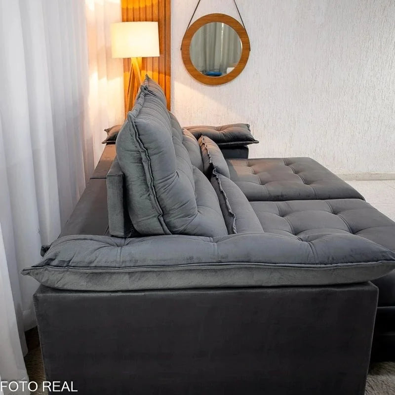 Sofá Retrátil Reclinável Istambul 2.50m Veludo Cinza 403 – Espuma D33