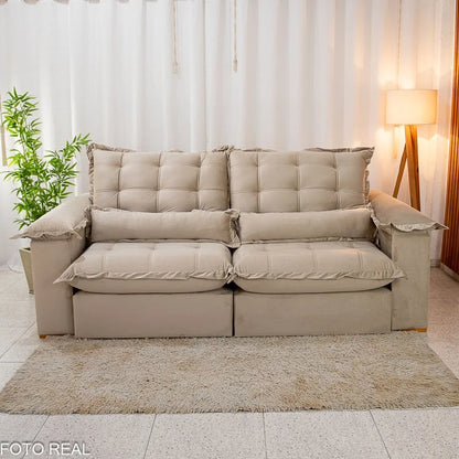 Sofá Retrátil Reclinável Maldivas 2.30m Veludo Bege A32 – Espuma Pró Aditivada