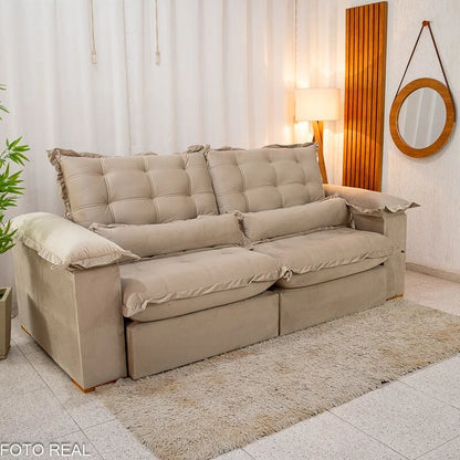 Sofá Retrátil Reclinável Maldivas 2.30m Veludo Bege A32 – Espuma Pró Aditivada