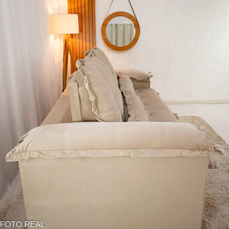 Sofá Retrátil Reclinável Maldivas 2.30m Veludo Bege A32 – Espuma Pró Aditivada