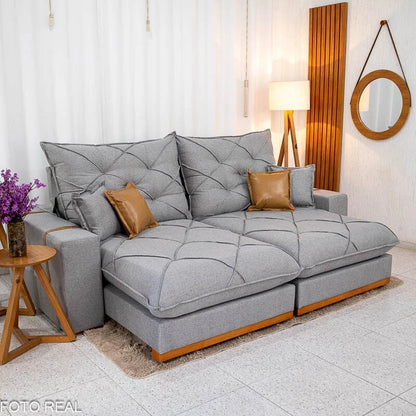 Sofá Retrátil Reclinável Malibu 2.50m Linho Cinza 1008 – D33 e Molas Ensacadas