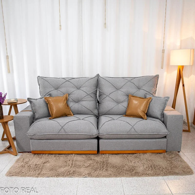 Sofá Retrátil Reclinável Malibu 2.50m Linho Cinza 1008 – D33 e Molas Ensacadas
