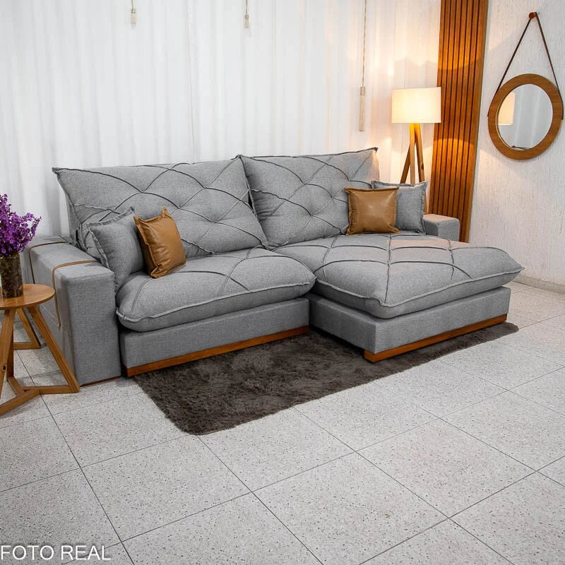 Sofá Retrátil Reclinável Malibu 2.90m Linho Cinza 1008 – D33 e Molas Ensacadas