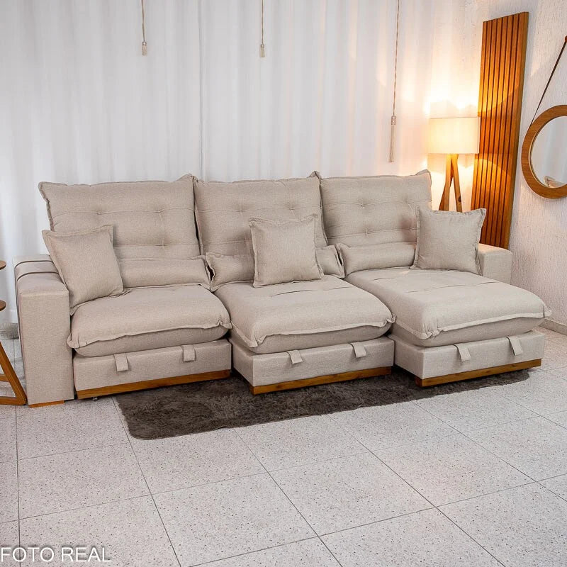 Sofá Retrátil Reclinável Mônaco 3.20m Linho Bege A57 – Molas Ensacadas