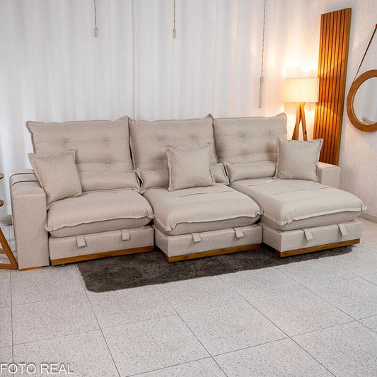 Sofá Retrátil Reclinável Mônaco 3.20m Linho Bege A57 – Molas Ensacadas
