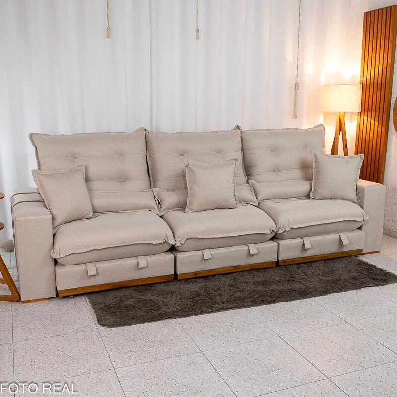Sofá Retrátil Reclinável Mônaco 3.20m Linho Bege A57 – Molas Ensacadas