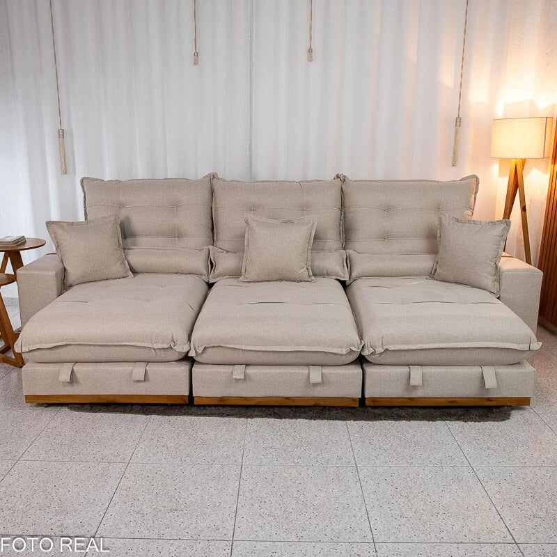 Sofá Retrátil Reclinável Mônaco 3.20m Linho Bege A57 – Molas Ensacadas