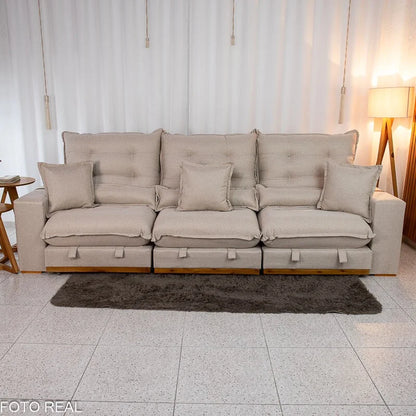 Sofá Retrátil Reclinável Mônaco 3.20m Linho Bege A57 – Molas Ensacadas