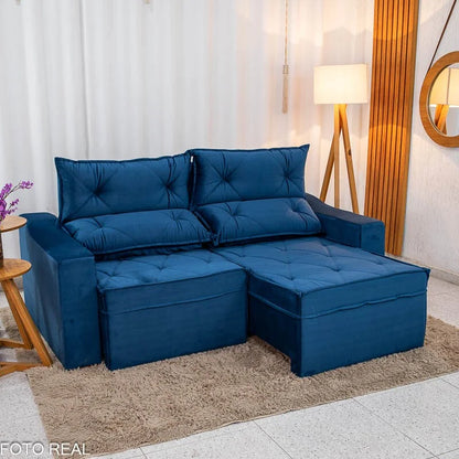 Sofá Retrátil Reclinável Moscou 2.00m Veludo Azul A16
