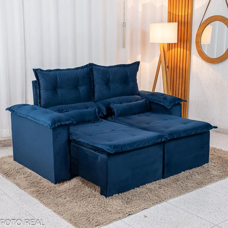 Sofá Retrátil Reclinável Nicole 1.80m Veludo Azul A16