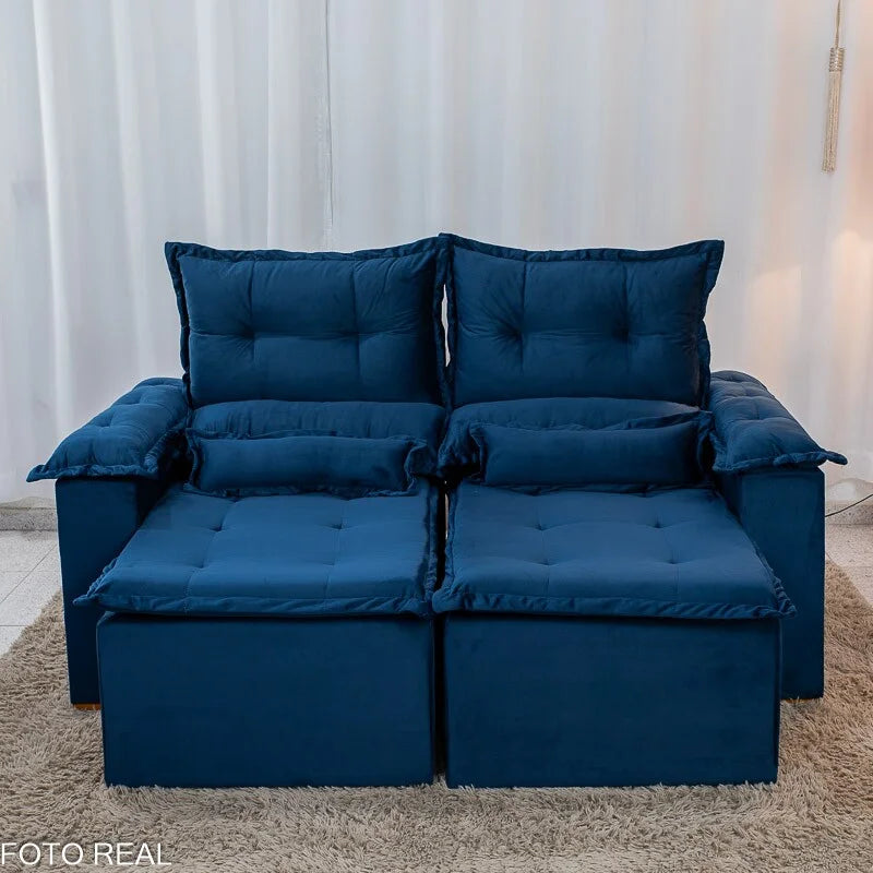 Sofá Retrátil Reclinável Nicole 1.80m Veludo Azul A16