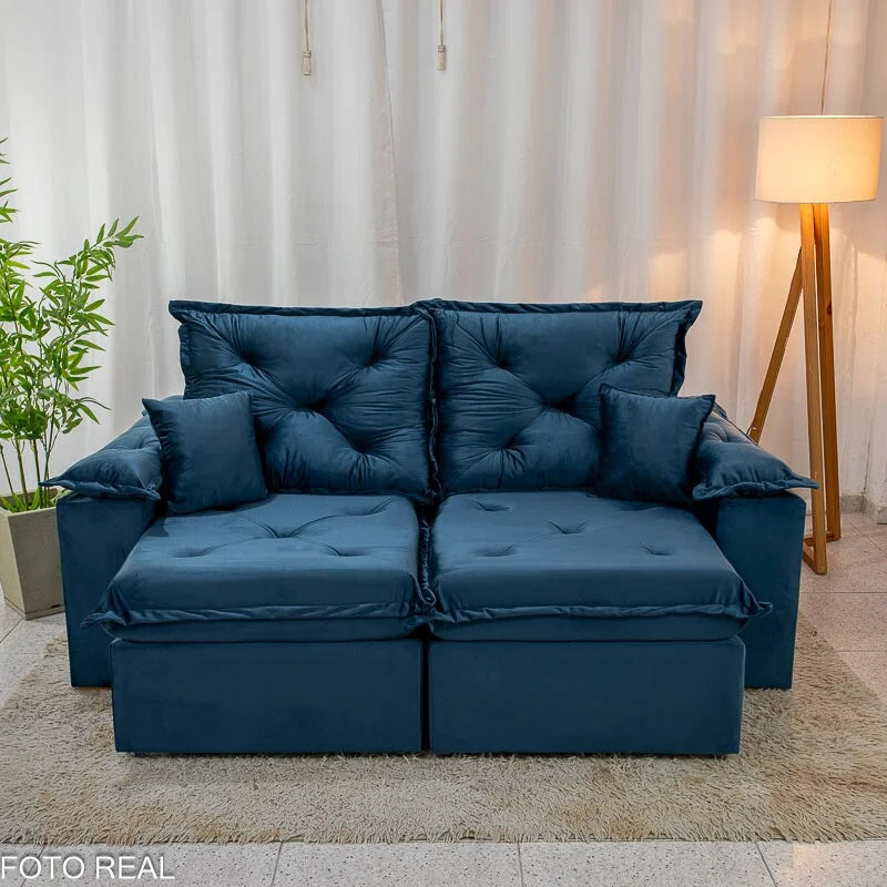 Sofá Retrátil Reclinável Porto Madri 2.00m Veludo Azul – D28 Pró Aditivada