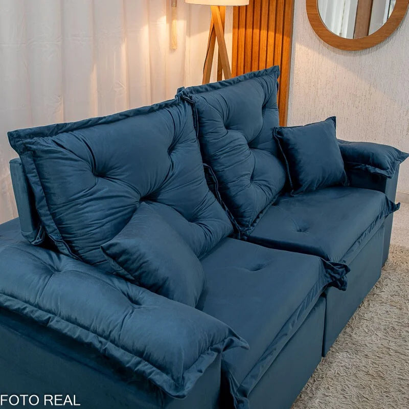 Sofá Retrátil Reclinável Porto Madri 2.00m Veludo Azul – D28 Pró Aditivada