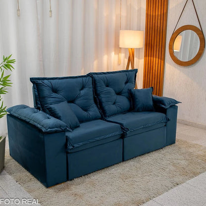 Sofá Retrátil Reclinável Porto Madri 2.00m Veludo Azul – D28 Pró Aditivada