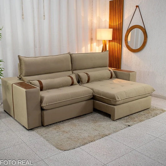 Sofá Retrátil Reclinável Ravello 2.50m Veludo Bege 3040/04 – Espuma D33