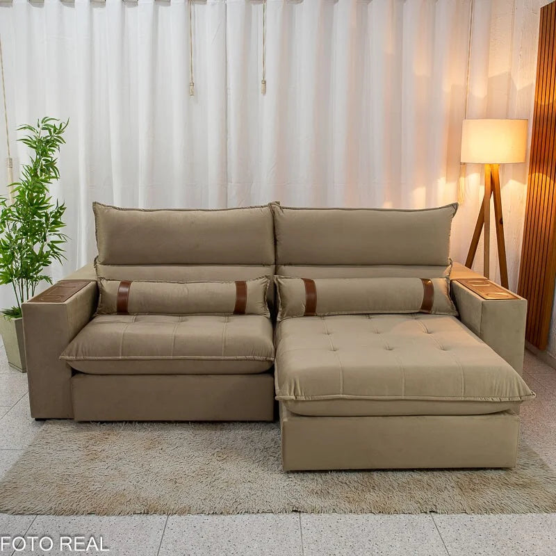 Sofá Retrátil Reclinável Ravello 2.50m Veludo Bege 3040/04 – Espuma D33