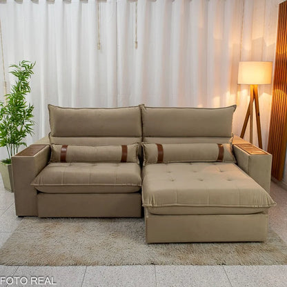 Sofá Retrátil Reclinável Ravello 2.50m Veludo Bege 3040/04 – Espuma D33
