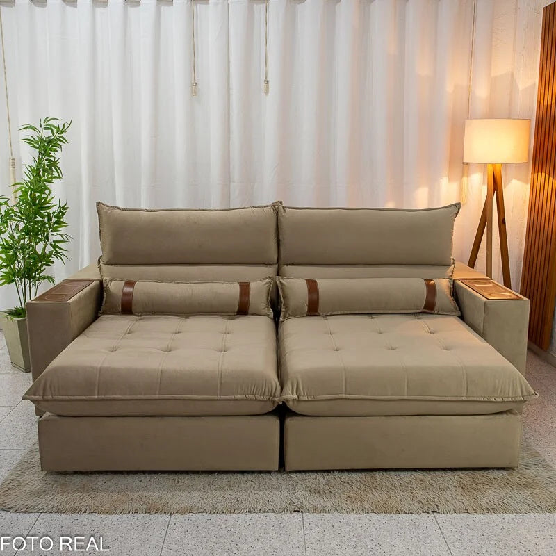Sofá Retrátil Reclinável Ravello 2.50m Veludo Bege 3040/04 – Espuma D33