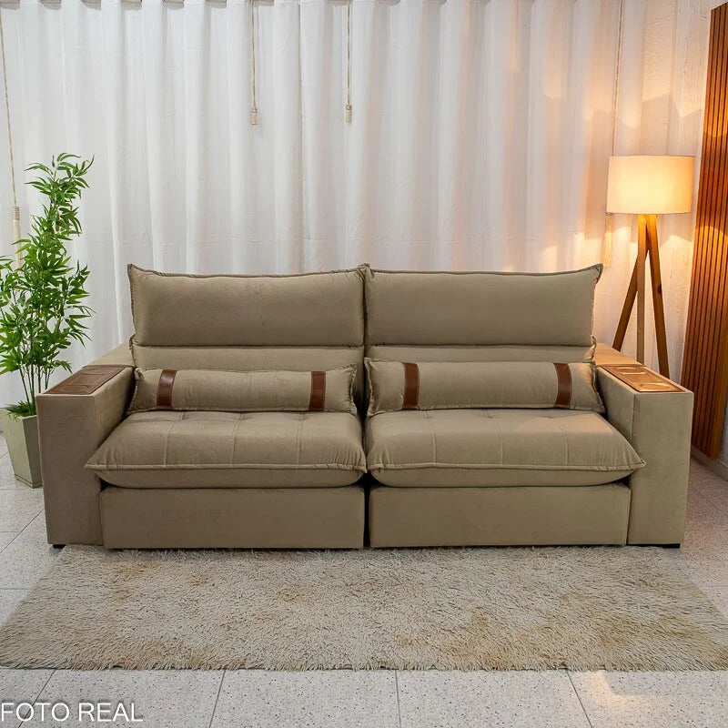 Sofá Retrátil Reclinável Ravello 2.50m Veludo Bege 3040/04 – Espuma D33