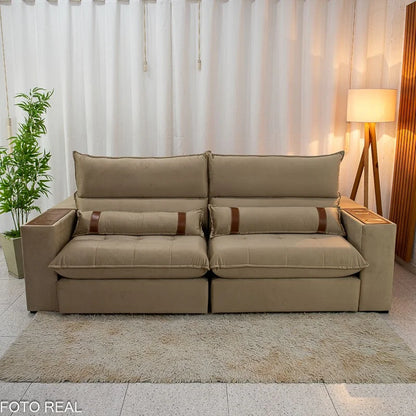 Sofá Retrátil Reclinável Ravello 2.50m Veludo Bege 3040/04 – Espuma D33