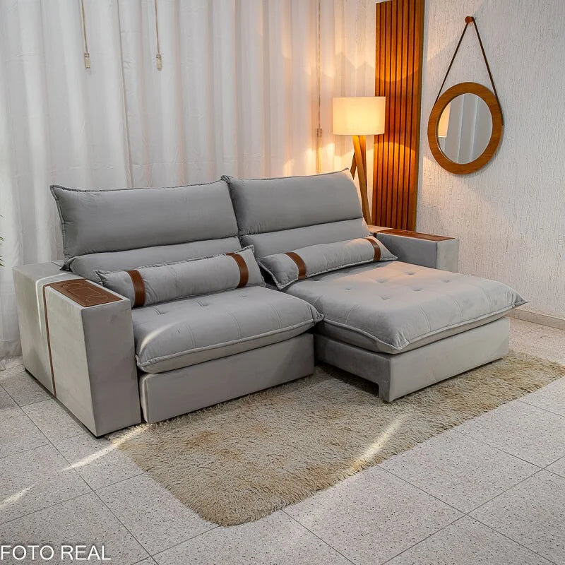 Sofá Retrátil Reclinável Ravello 2.50m Veludo Prata 3040/03 – Espuma D33
