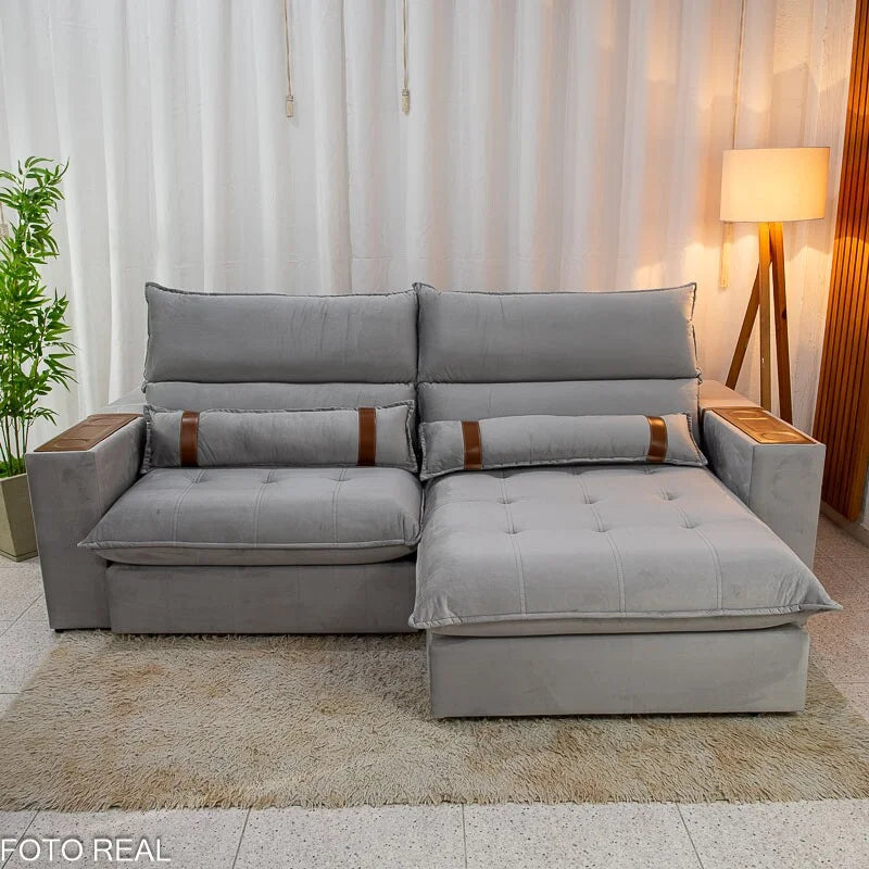 Sofá Retrátil Reclinável Ravello 2.50m Veludo Prata 3040/03 – Espuma D33