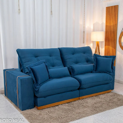 Sofá Retrátil Reclinável Toronto 2.50m Veludo Azul 4061 – D33 e Molas Ensacadas