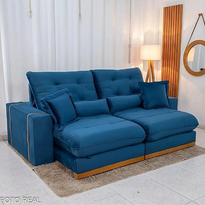 Sofá Retrátil Reclinável Toronto 2.50m Veludo Azul 4061 – D33 e Molas Ensacadas