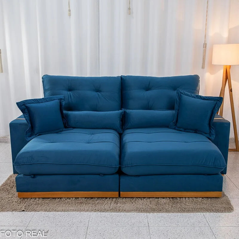 Sofá Retrátil Reclinável Toronto 2.50m Veludo Azul 4061 – D33 e Molas Ensacadas