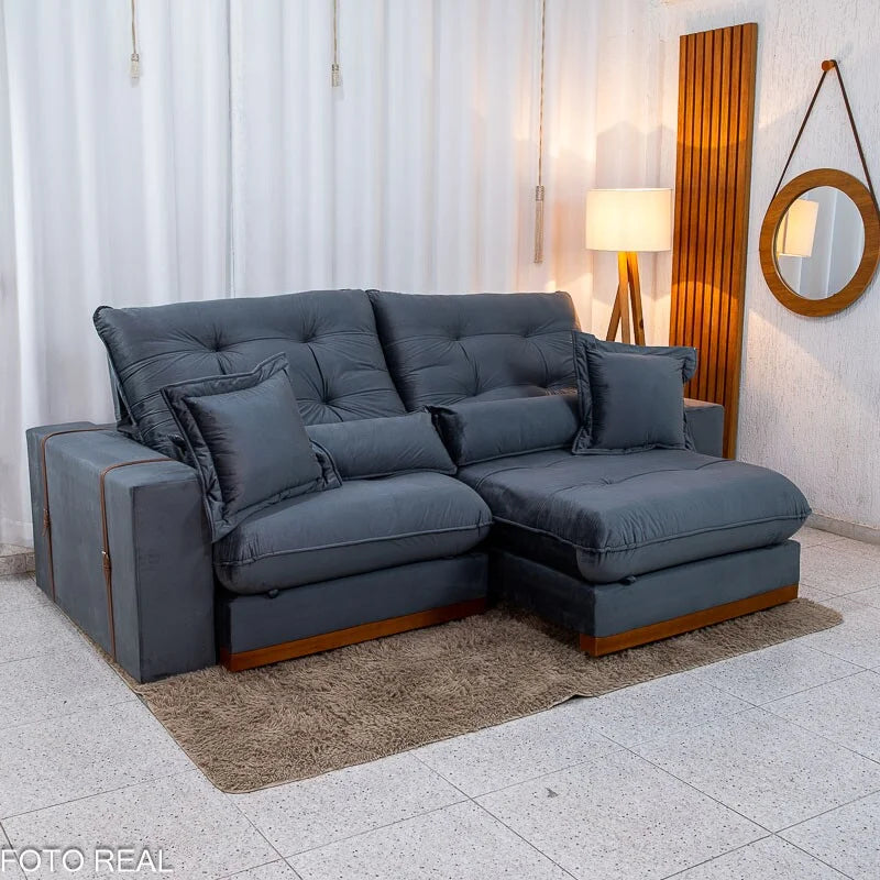 Sofá Retrátil Reclinável Toronto 2.50m Veludo Chumbo 4053 – D33 e Molas Ensacadas