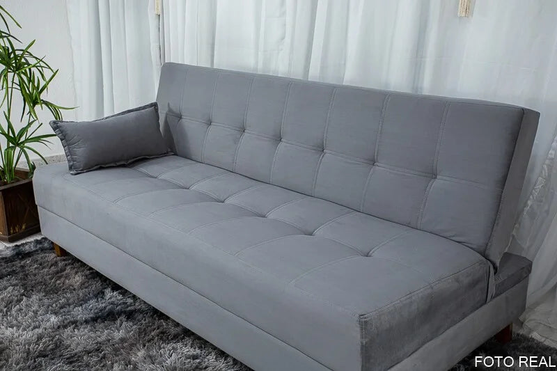 Sofá Cama Arpoador Veludo Cinza Larg. 1.85m