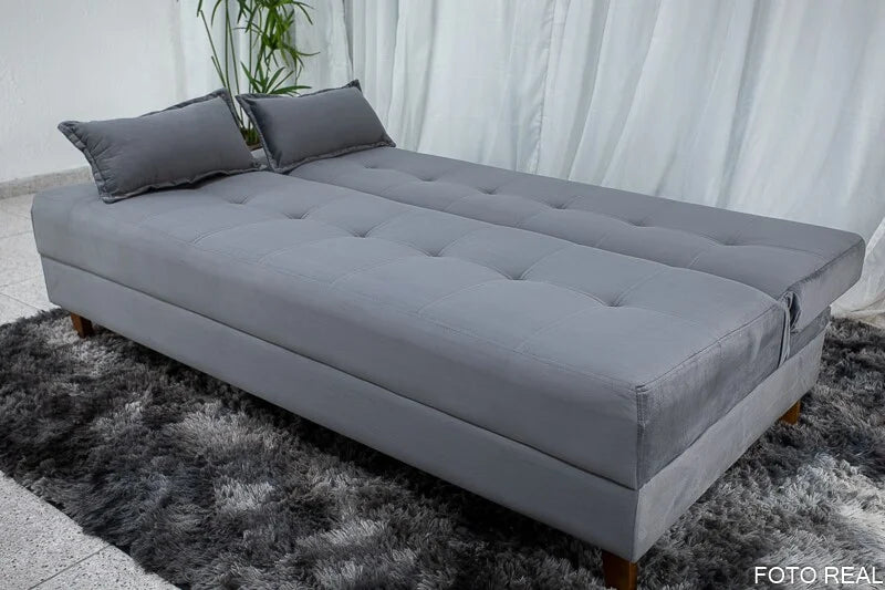 Sofá Cama Arpoador Veludo Cinza Larg. 1.85m