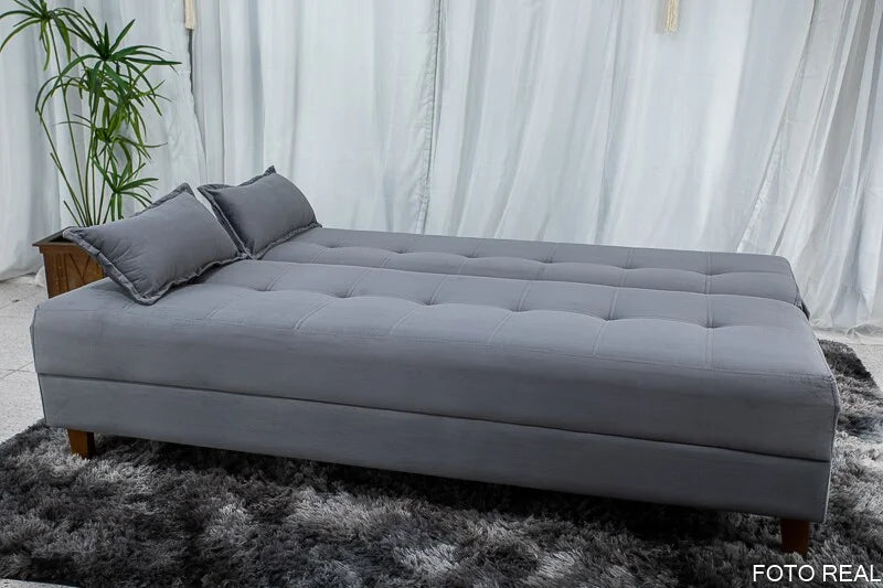 Sofá Cama Arpoador Veludo Cinza Larg. 1.85m