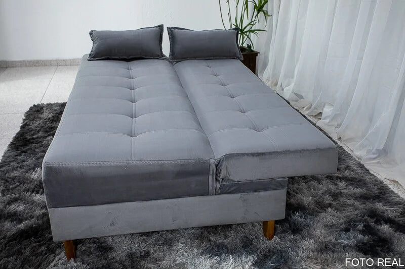Sofá Cama Arpoador Veludo Cinza Larg. 1.85m