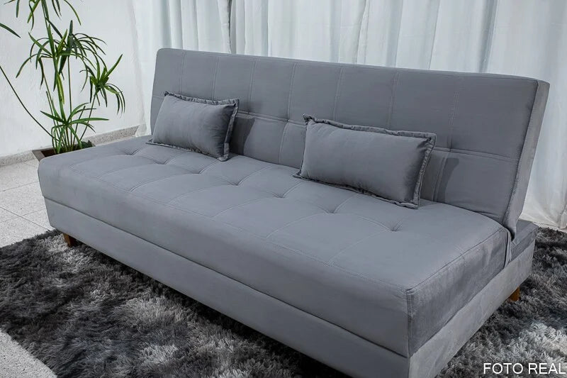 Sofá Cama Arpoador Veludo Cinza Larg. 1.85m