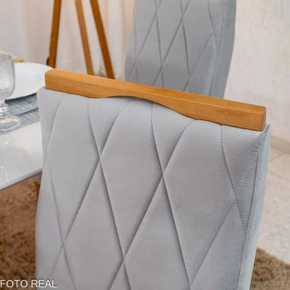 Mesa de Jantar Pedro 120×80 Vidro Off/Base Madeira + 4 Cad. Lisboa Veludo Prata 514 Madeira Art Assento – Entregue Montada