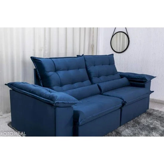 Sofá Retrátil Reclinável Emanuelly 2.30m Veludo Azul – D28 Soft