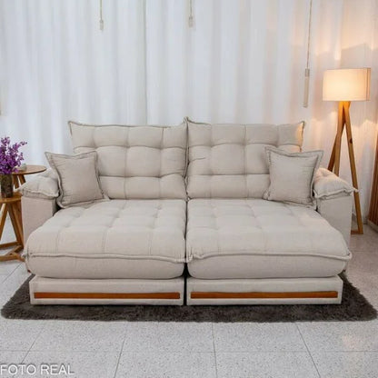 Sofá Retrátil Reclinável Barcelona 2.50m Linho Bege 459 C/ 2 Almofadas – D33 e Molas Ensacadas Pocket