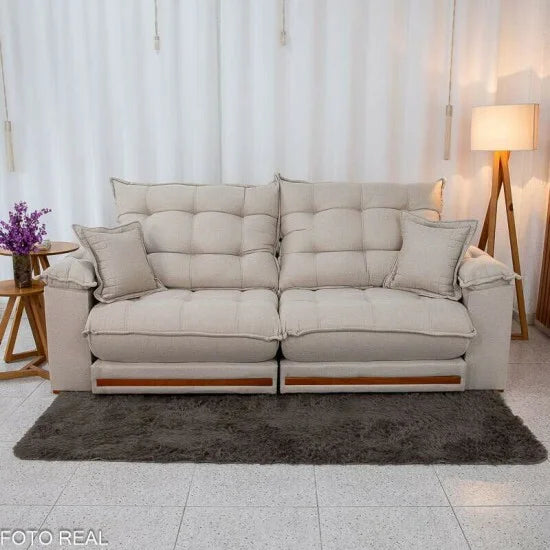 Sofá Retrátil Reclinável Barcelona 2.50m Linho Bege 459 C/ 2 Almofadas – D33 e Molas Ensacadas Pocket